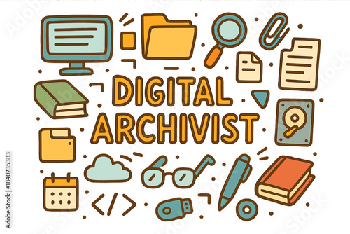 Digital Archivist Doodle. Digital Archivist. Hand-drawn doodle illustration of Digital Archivist. Computer,