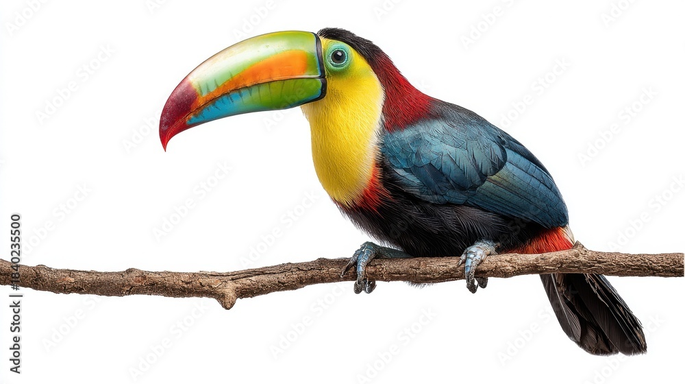 Fototapeta premium Colorful toucan bird with vibrant rainbow beak perched on wooden branch against white background. Tropical exotic wildlife portrait