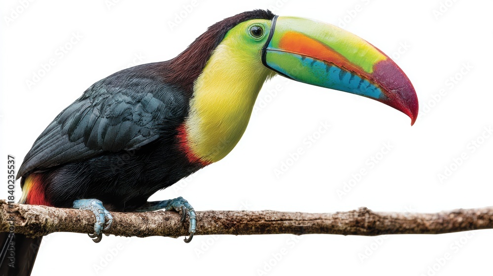 Naklejka premium Vibrant keel-billed toucan perched on branch against white background, showcasing multicolored beak with green, orange, blue and red gradient, isolated wildlife portrait