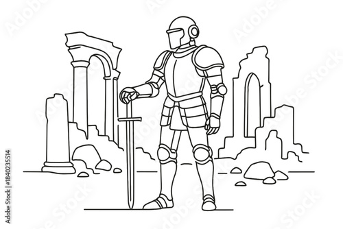 Robot in Ancient Armor. Future past. Minimalistic one-line drawing a robot wearing ancient armor standing