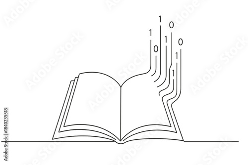 Data Stream Pages. Rewritten history books. Minimalistic one-line drawing open pages transforming into data