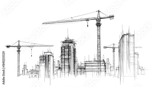 Architectural sketch of a city skyline with construction cranes
