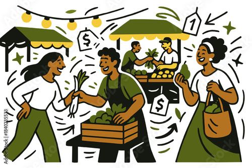 Vibrant Market Exchange. Street market. Vibrant stalls with colorful lights, people exchanging goods and