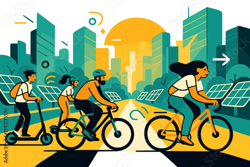 Futuristic Urban Commute. Morning commute. Cyclists and electric scooters glide along futuristic boulevards