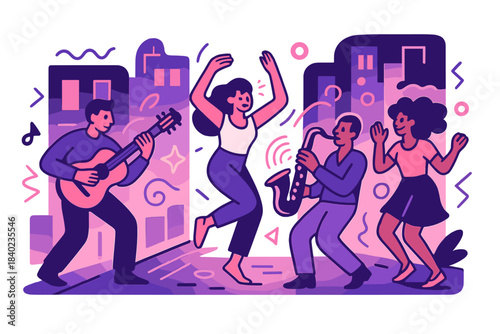 Neon Street Rhythms. Cultural fusion. Musicians and dancers fill a neon street with rhythm and light. Abstract