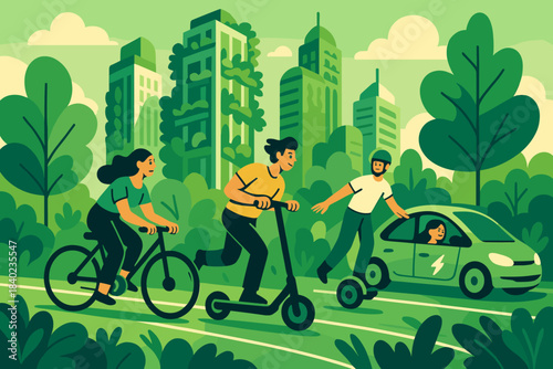 Futuristic Green Cityscape. Green metropolis. Towering buildings surrounded by lush vertical gardens. Electric