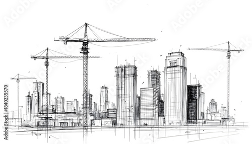 Architectural sketch of a modern city skyline with construction cranes