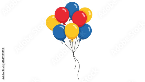 A cluster of brightly colored balloons, red, yellow, and blue, floating together on white background, perfect for celebrations and parties