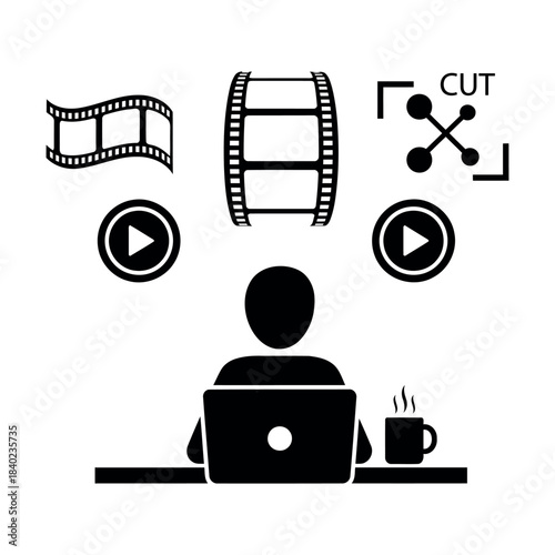 Flat black and white video editor icon isolated on white background