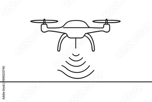 Drone Soil Scan. Soil analysis drone. Minimalistic one-line drawing a drone scanning the ground with light