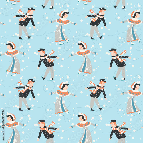 People ice skating. Christmas vector pattern. Winter skating rink blue wallpaper. Cartoon seasonal holiday illustration for wrapping paper.