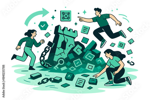 Holographic Digital Ruins. Blockchain ruins. A collapsed digital fortress glows faintly — broken chains, data