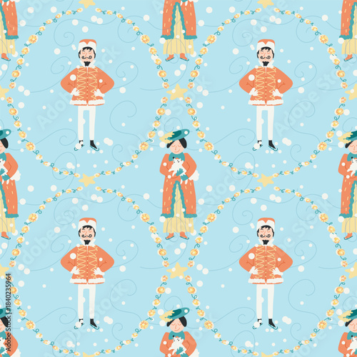 A royal guard and a lady with a dog skating. Fairytale winter skating rink vector Christmas pattern. Blue retro festive wallpaper for wrapping paper. Garlands, lights and snowfall.
