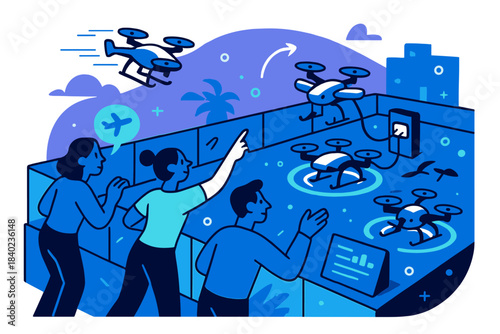 Futuristic Droneport Scene. Urban droneport. A rooftop filled with illuminated landing circles, drones docking