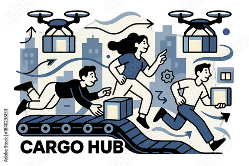 Futuristic Drone Logistics. Cargo hub. Automated drones carry glowing containers between high-rise buildings.