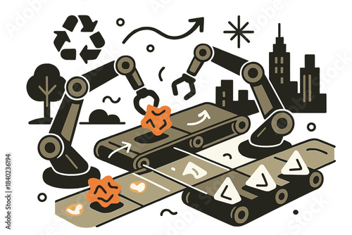 Eco-Industrial Recycling Park. Eco-industrial park. Robotic arms sort glowing recyclable materials on