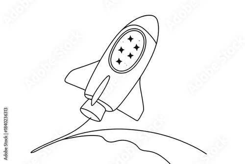 Minimal Spacecraft Orbit. Space tourism. Minimalistic one-line drawing a spacecraft orbiting Earth with a