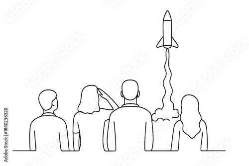 Minimalistic Rocket Spectators. Rocket launch observation. Minimalistic one-line drawing spectators watching a