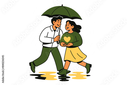 Romantic Rain Walk. Everyday joy. A couple walking in the rain under one umbrella, reflections glowing on wet