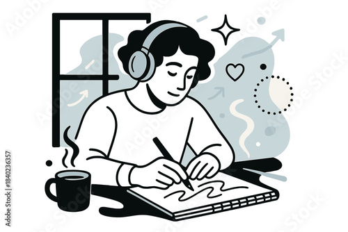 Creative Sketching Vibes. Quiet focus. An artist sketching by the window with headphones on, coffee steaming