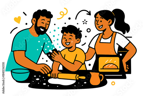 Family Baking Joy. Family moment. Parents and child baking together, flour floating in the air like snow. Warm