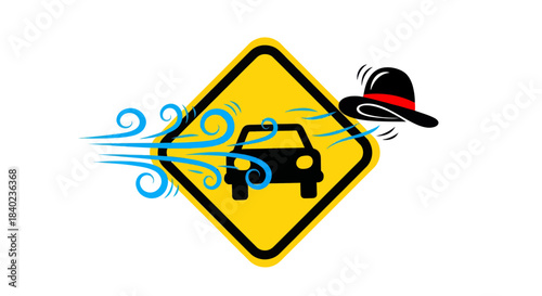 Strong Wind Warning Sign With Hat Blowing Away Concept And Clean Illustrated Style