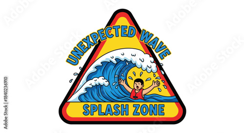 Unexpected Wave Warning Sign Depicting a Person Being Hit by a Large Wave in a Splash Zone