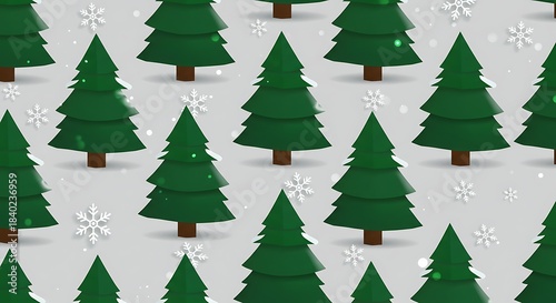 Seamless Winter Forest Pattern with Christmas Trees and Snowflakes.