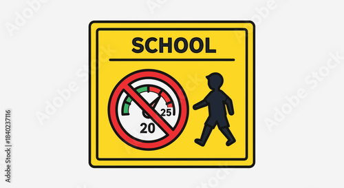 School Zone Sign Illustrating Speed Limit Restrictions Near Pedestrians Crossing Area