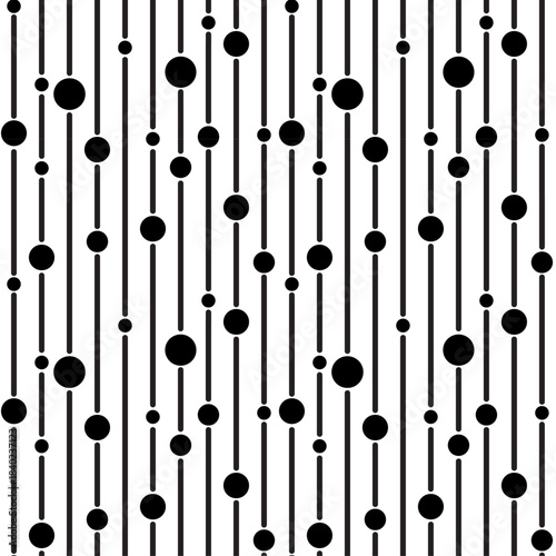 Minimalist black and white Seamless pattern with vertical lines and scattered dots, circles. vector repeating background design for textile or digital use.
