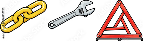 Gold Chain Link, Wrench Tool, and Emergency Triangle Icon Set