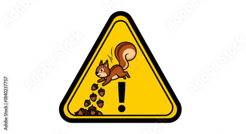 Squirrel Warning Sign: Acorns Falling Hazard Illustrative Cartoon Design Concept