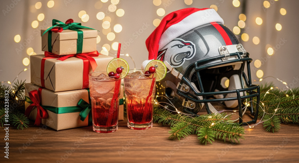 Fototapeta premium American football helmet with Christmas gifts, drinks and festive decorations, celebrating holiday sports season.