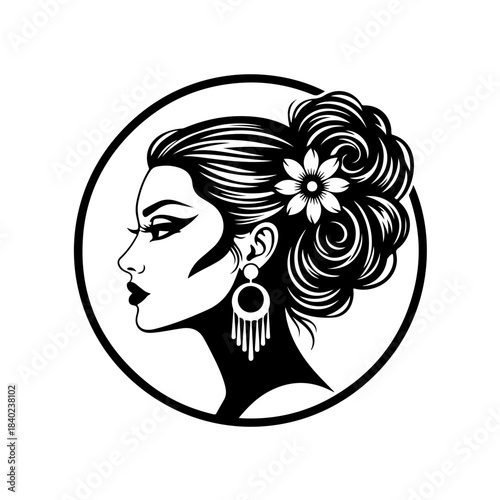 Elegant black and white profile of a woman with an elaborate updo and decorative earrings in a circular frame, showcasing classic beauty.