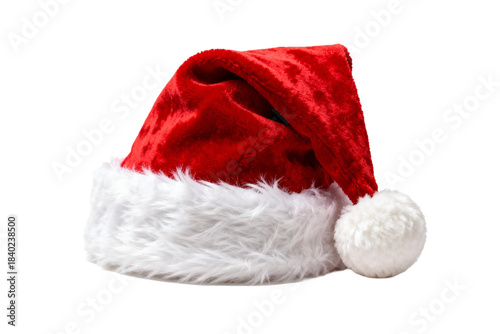 Red Santa hat with white fur trim and pom-pom for festive season