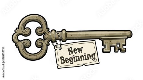 Vintage key with a tag that reads "New Beginning", symbolizing opportunities and fresh starts