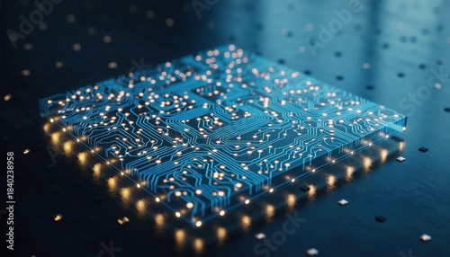 Bright blue circuit board with glowing golden points representing digital information and artificial intelligence