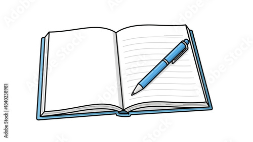 Hand-drawn illustration of an open notebook with a blue pen, symbolizing journaling, study, creative writing, and note-taking for education and daily planning