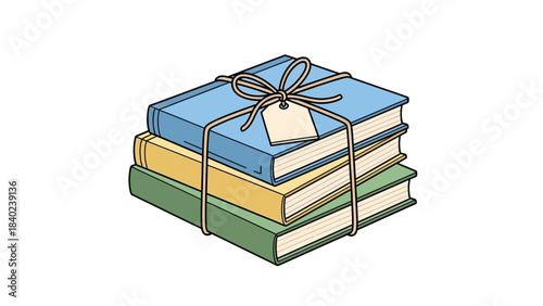 A stack of three hardcover books, neatly tied with a natural twine bow and an empty gift tag, presented on a white background