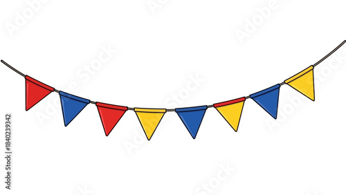 Vibrant string of red, blue, and yellow triangular pennant flags, perfect for festive decorations, celebrations, parties, and adding a cheerful atmosphere to any event