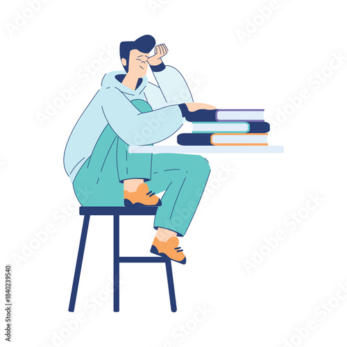 Man Student Character Sit at Table with Book Engaged in Education and Study Vector Illustration