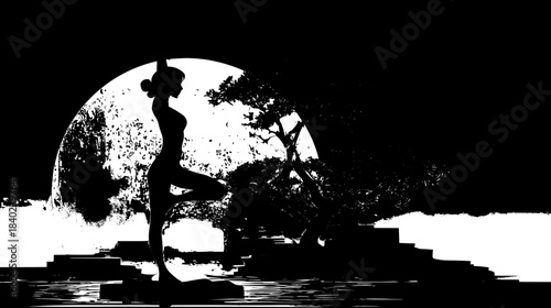 Vector Logo of Person in Yoga Pose with Simple Shapes, Lines, and Sun Background in Flat Design.