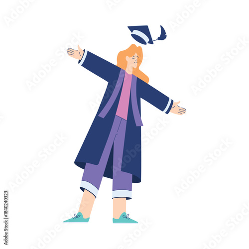 Woman Student Character in Graduation Gown and Hat Enjoy with Diploma Ceremony Vector Illustration