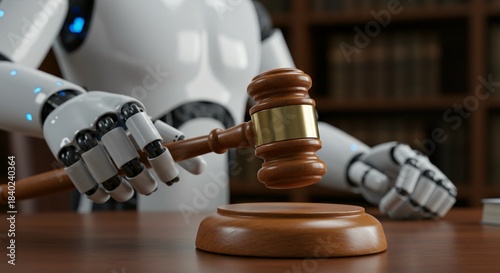 Futuristic courtroom scene with a robot presiding over justice, holding a gavel firmly.