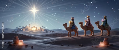 Three Wise Men following the Christmas Star to Bethlehem