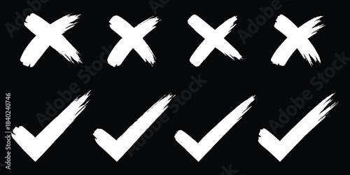 Check tick mark icon set. Cross box x check mark checkbox v list vector draw hand drawn sketch doodle brush marker checklist symbol wrong right circle. wrong right choice marks with rough texture. 