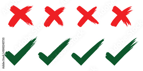 Check tick mark icon set. Cross box x check mark checkbox list vector draw hand drawn sketch doodle brush marker checklist symbol wrong right circle. hand drawn, grunge X  sign. hand drawn tick mark.