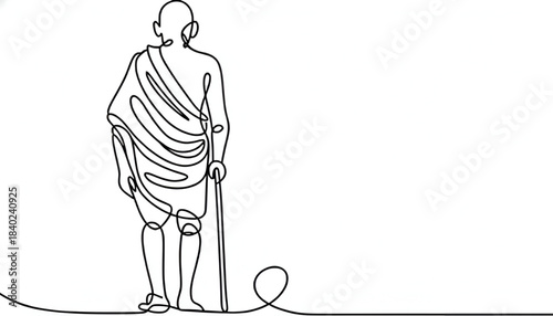 Minimalist Continuous Line Drawing Vector Art Of Mahatma Gandhi Walking With A Wooden Stick Representing Peace Nonviolence Indian Independence Struggle Leadership And The Father Of The Nation