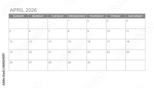 Classic monthly calendar for 2026. week starts on sunday. simple april 2026 calendar template. new monthly planner design
