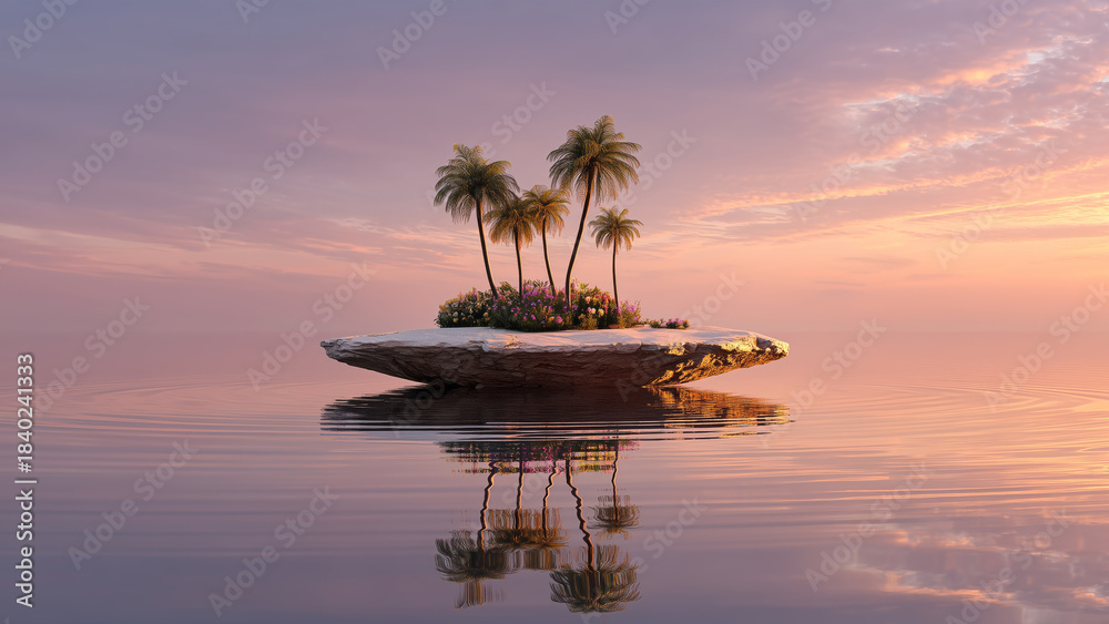 Obraz premium Surreal Floating Island with Palm Trees at Sunset Over Calm Water
